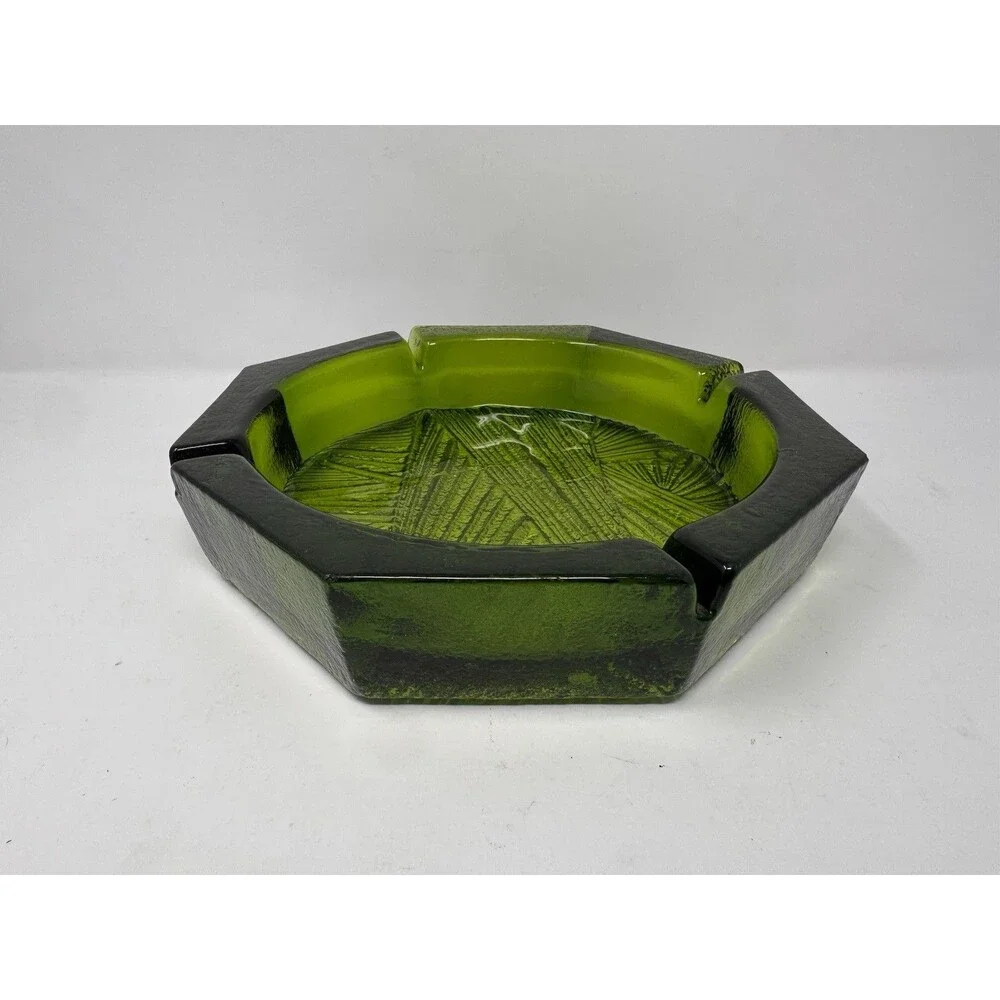 MCM Vintage Green Glass Ashtray Geometric Textured 10” Hexagon